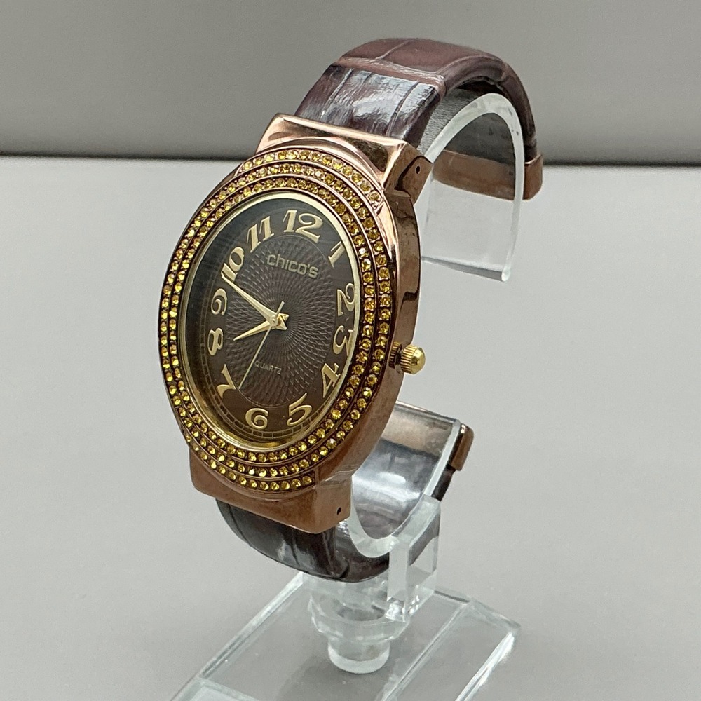 Chico's Watch Womens Gold Tone Brown Oval Crystal Cuff Bracelet NEW‎ BATTERY
